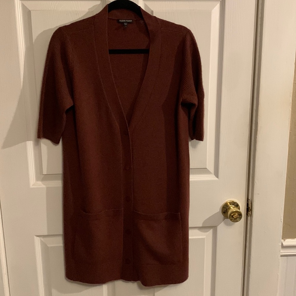 Eileen Fisher 100% Cashmere Long Sweater Cardigan Burgundy Short Sl Tunic Pocket